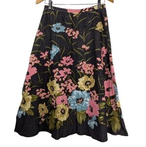 Y2K Anne Klein Floral Corduroy Cotton A-Line Full Charcoal Midi Skirt Size 4